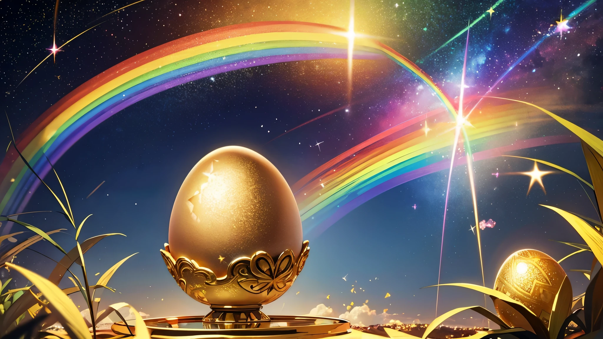 High resolution,(rainbow in the starry sky:1.2), (a golden decorated egg:1.3),Glowing, on a beautiful decorated stand