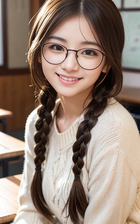 Cute 22 year old Japanese、School、University、During class、study、Super detailed face、Pay attention to the details、double eyelid、Beautiful thin nose、Sharp focus:1.2、Beautiful woman:1.4、(Light brown hair,short hair、Braided)、highest quality、masterpiece、Ultra-high resolution、(Photorealistic:1.4)、Highly detailed and professional lighting、nice smile、No exposure、Cute Winter Clothes、Round Glasses、freckles