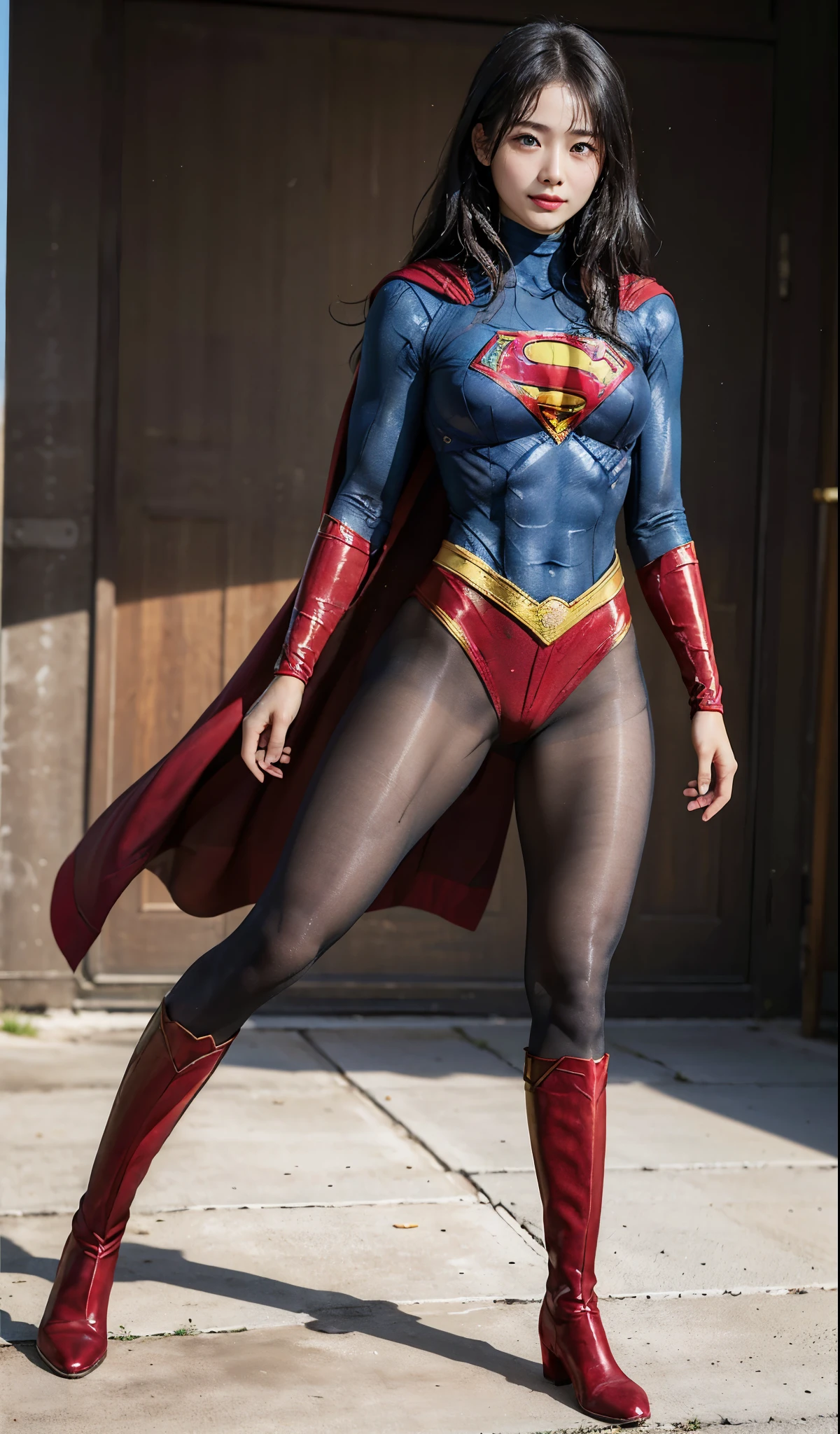 No background、(((Beautiful legs in black tights.)))、(((Legally express the beauty of your smile)))、((((Make the most of your original images)))、(((Supergirl Costume)))、(((Beautiful Hair)))、(((suffering)))、(((Please wear black tights....、Wear red boots)))、((Best image quality、8k))、((highest quality、8k、masterpiece:1.3))、(((Preserve background )))、Sharp focus:1.2、Beautiful woman with perfect figure:1.4、Slim Abs:1.2、Wet body:1.5、Highly detailed face and skin texture、8k