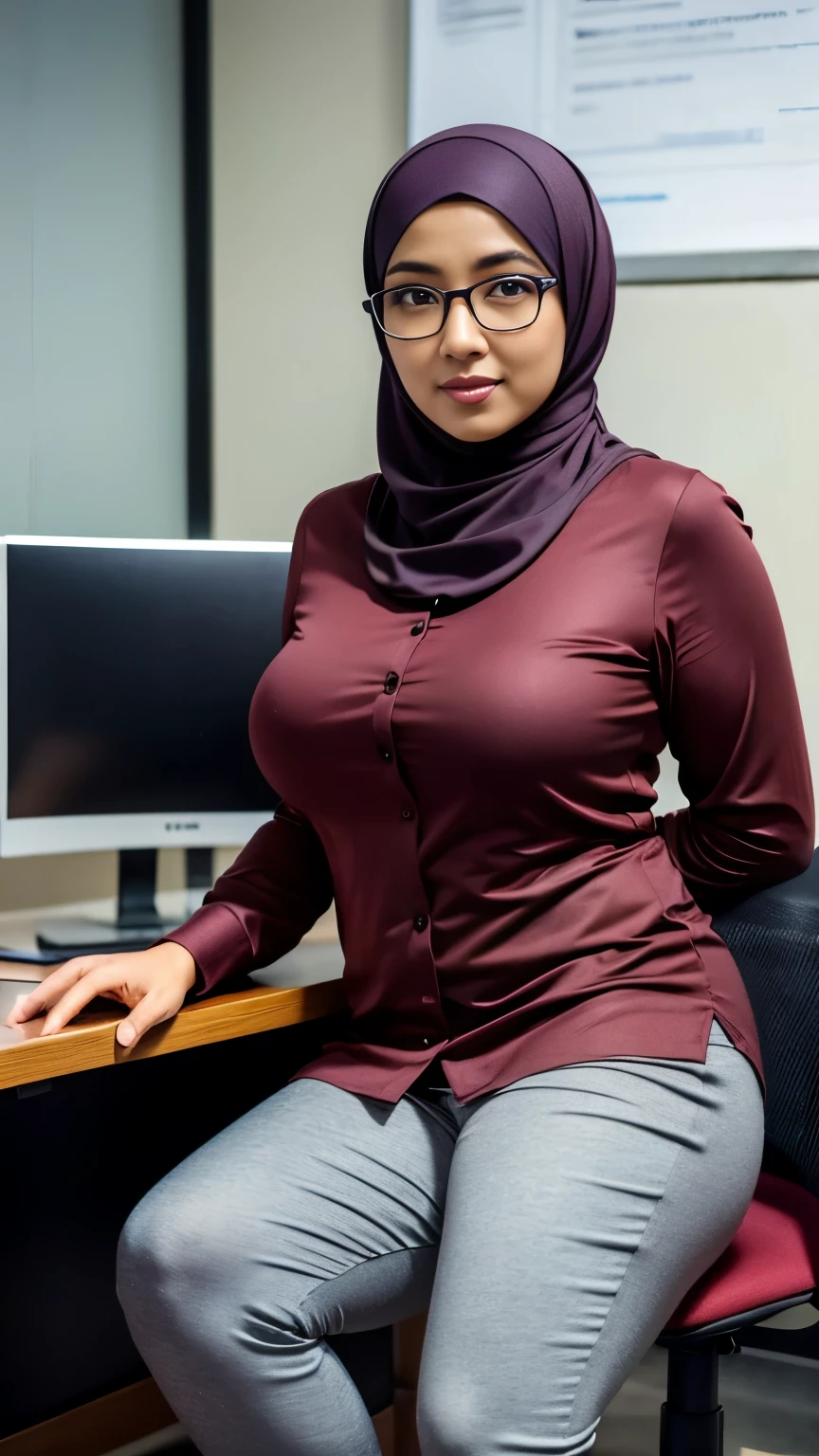 ((beautiful Nerd malaysia college Lecturer woman)), 45 Years old, Middle age woman, name mira filzah brown eye, wearing nerd eyewear,tudung muslim,modernbaju kurung look rich,, unbuttoned baju Kurung, Pantyhose, calm,confident,happy, realistic beautiful Curvy body, White Skin Body,looking at viewer, sitting on desk in classroom, Open-Up Legs,showing her beautiful Legs, (photo, photorealistic:1.37), (ultrahigh-res), half body, walking pose, hyper detailed POV, by lee jeffries, nikon d850, film stock photograph ,4 kodak portra 400 ,camera f1.6 lens ,rich colors ,hyper realistic ,lifelike texture, dramatic lighting , cinestill 800, (huge breasts 1.3)