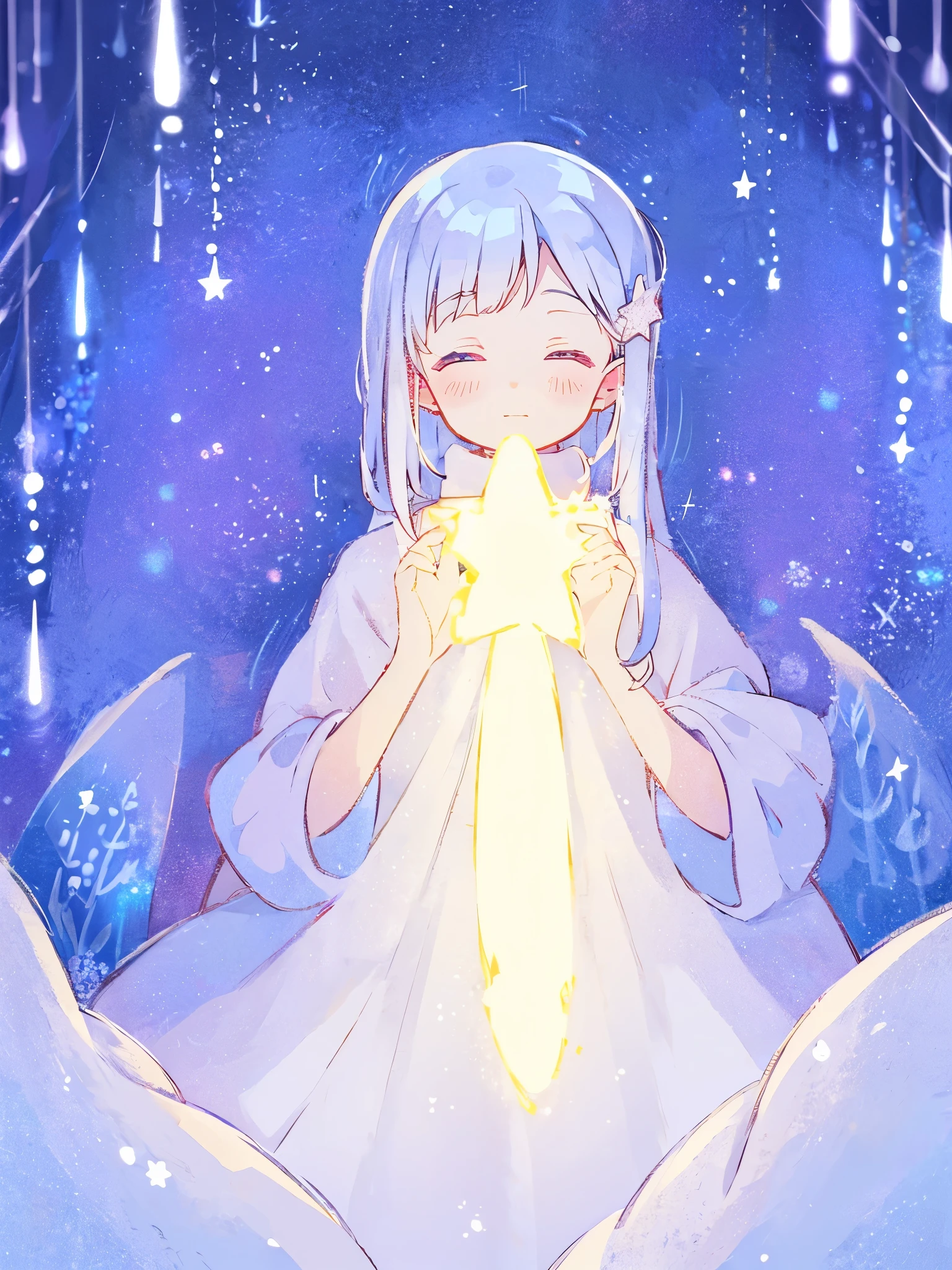wishing star background, woman surrounded by flowing translucent fabric that reflects the stars, woman holding a glowing star in her hands, magical, complex drawing, highly detailed, ethereal, starry night, midjourney style