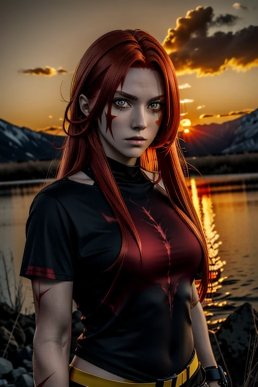 4k, hdr, sunset, red hair, yellow eyes, midrif, scars