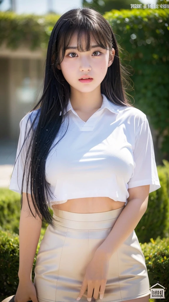 (highest quality, 8k, masterpiece ), An innocent 15-year-old high school student
, bangs、Black Hair,Big Breasts、A wet shirt with a strong shine、mini skirt, Highly detailed face, double eyelid, Strong natural light、round face、whole body、Thighs、pumps、round face、Diagonal horizontal angle