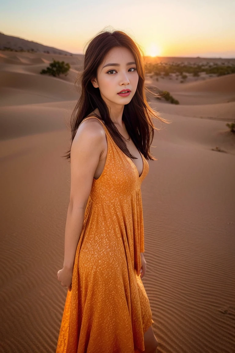 masterpiece, best quality, (photorealistic:1.4), landscape with shadow, cowboy shot, sitting, a photo of a beautiful woman, (skinny:1.1), big eyes, black hair, twin drills hairstyle, medium breasts, cutout dress,