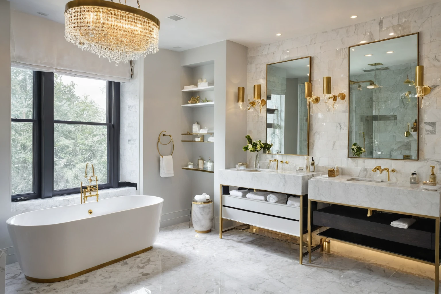 Luxurious bathroom with freestanding bathtub, rain shower, heated flooring, marble tiles, brass fixtures, floating vanity with double sink, elegant chandelier, high contrast lighting, spa-like atmosphere, high resolution