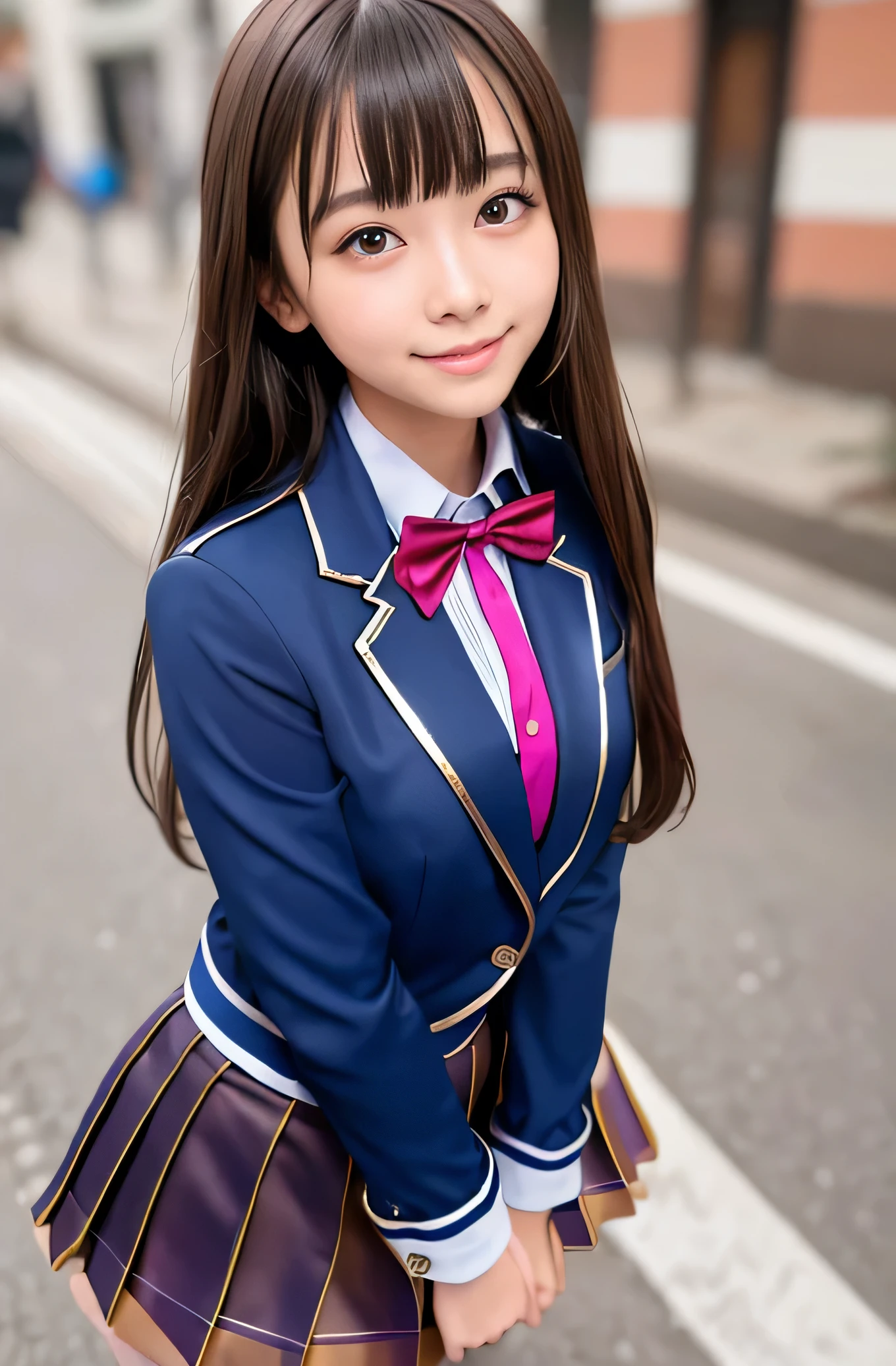 top-quality, 8K, ultra-detailliert, Photorealsitic, Mahiru Shiina, Angel Next Door, School Uniforms, from the chest up, up of face, Dark blue blazer, Pleated skirt with brown plaid pattern, Yellow eyes, Blazer is closing the front,