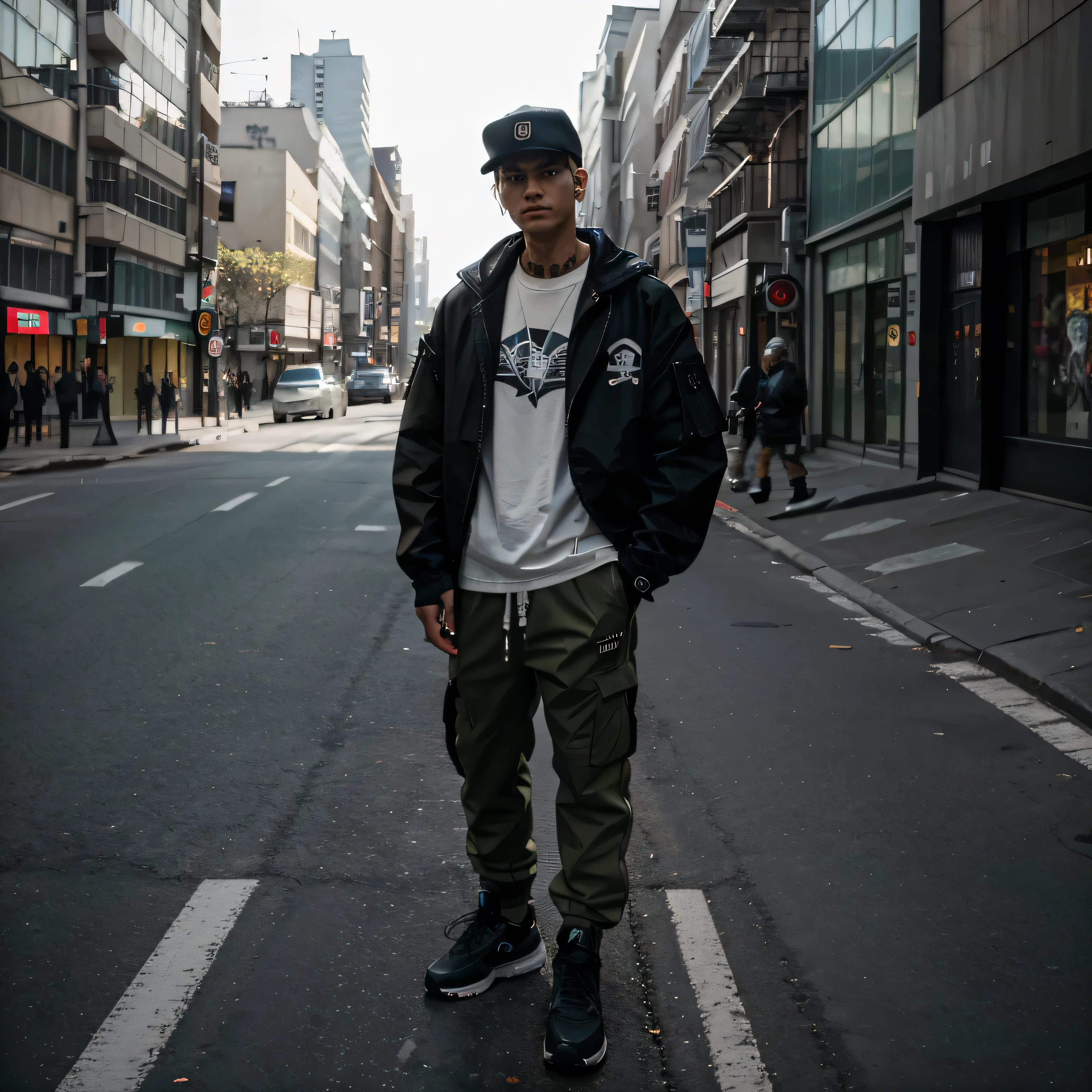 ultra realistic Juggernaut, blond man standing on the side of the road in a black jacket and khaki pants, army green style, wearing off - white style, wearing japanese techwear, wearing urban techwear, street fashion outfit, casual streetwear, street outfit, wearing cyberpunk streetwear, cai xukun, japanese streetwear, kim doyoung, she is wearing streetwear, streetwear background New York