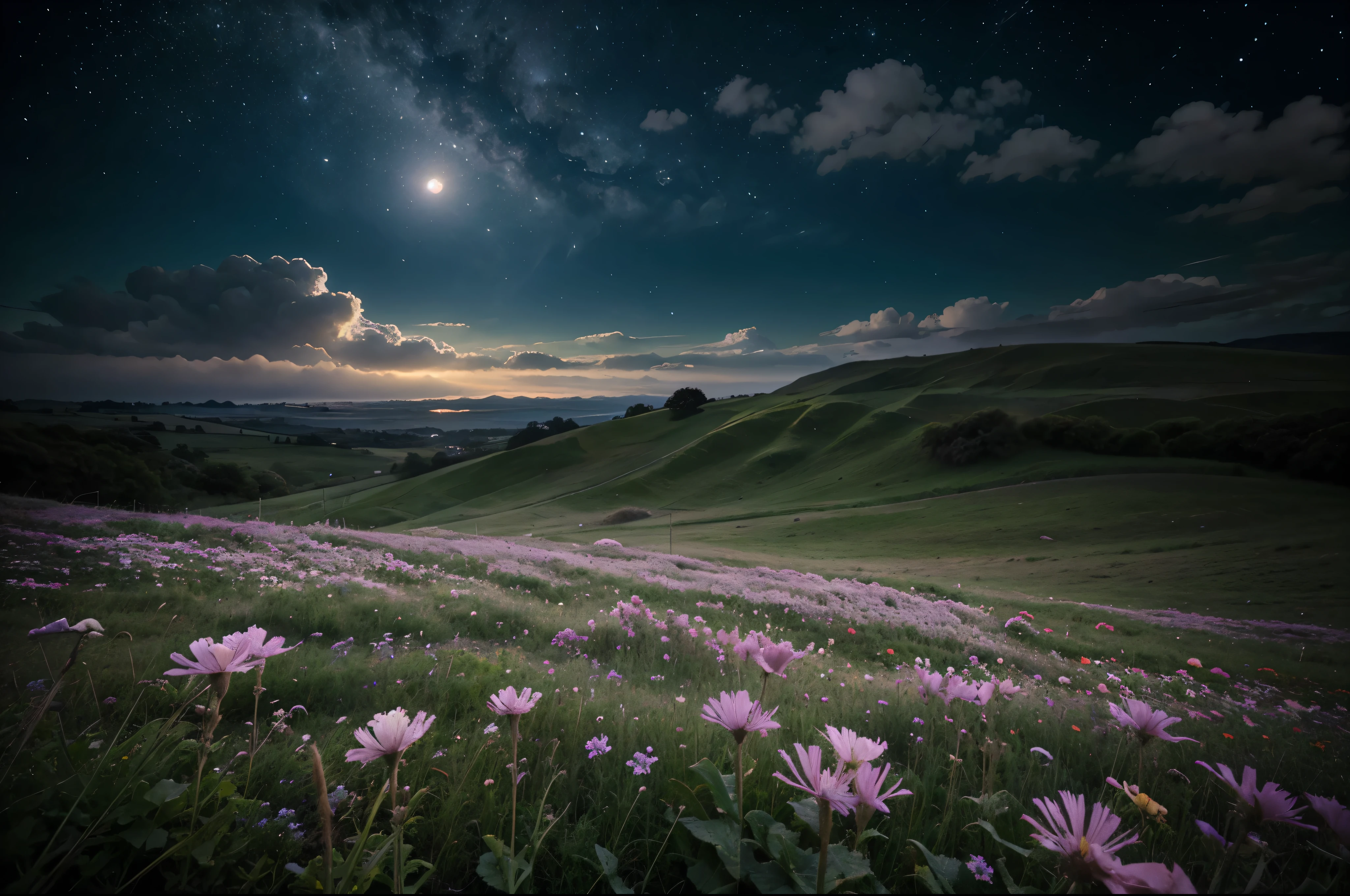 Flower, Malva flower, grass, fog, night, beautiful stars, dynamic light, Malva, clouds, full moon, bright light, flowers