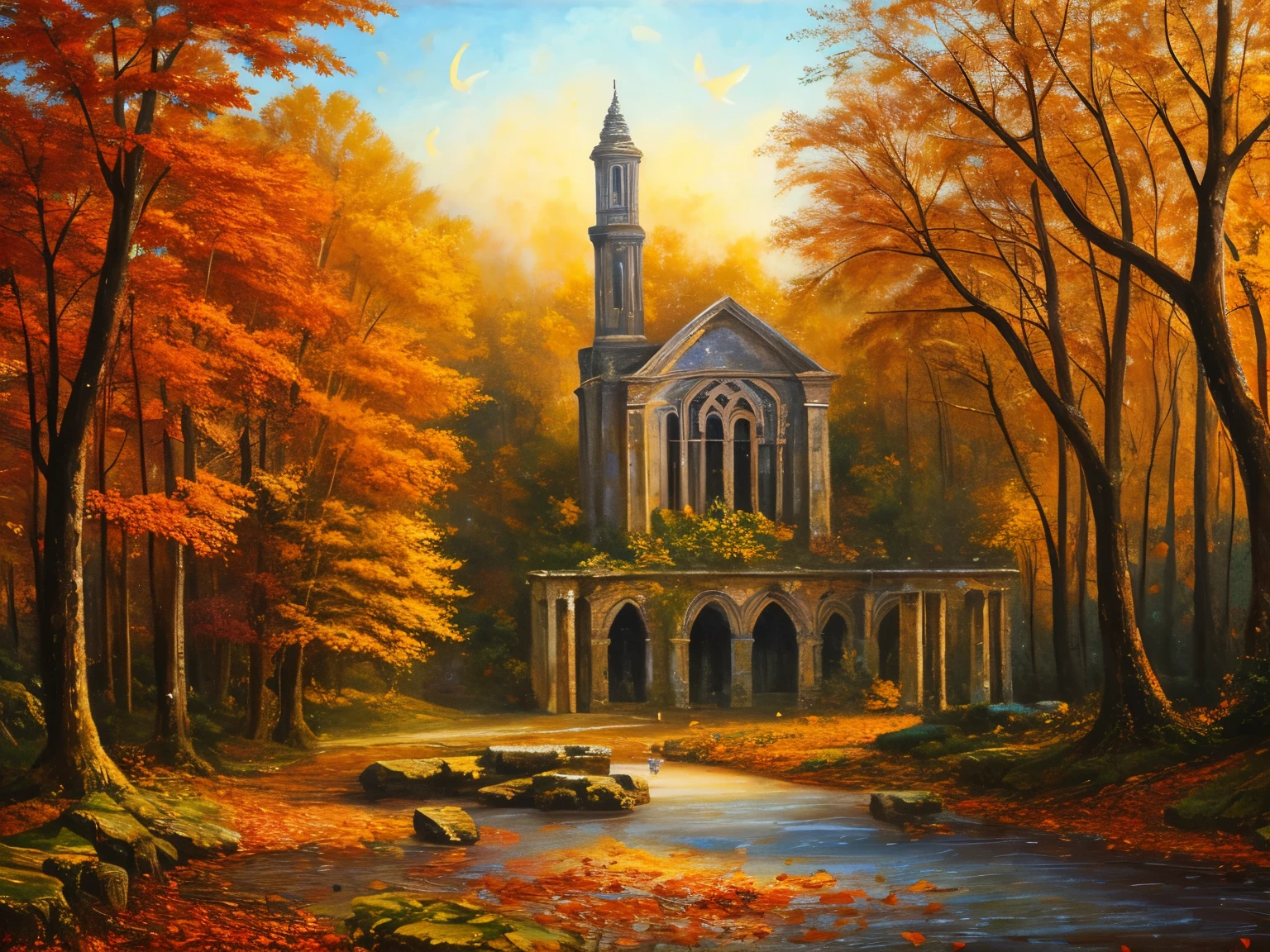 , late autumn ruins, high quality, highly detailed, illustration, impasto, canvas, oil painting, fantasy,