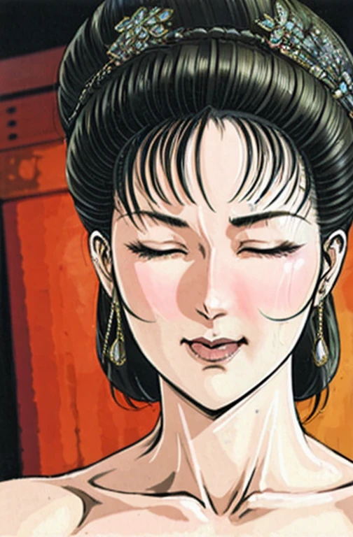 (best quality), (very aesthetic), (ultra-detailed), (best illustration),(a mature female),(NSFW),(perfect face),Suikoden,Mrs. Lin,((full_body)),((full_nude)),red cheek,sweating,skinny,flushed skin,hairly pussy,eyes are closed,mouth is wide open,((Ahegao)),chinese traditional bed room,doing sex