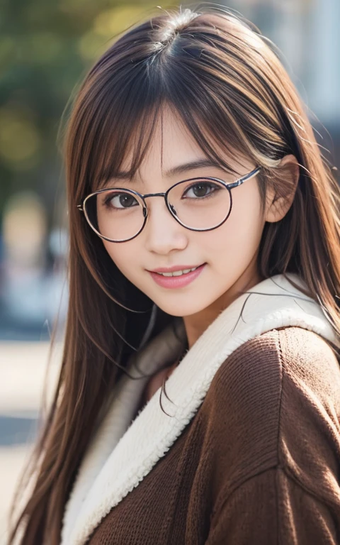 Cute 22 year old Japanese、School、University、During class、study、Super detailed face、Pay attention to the details、double eyelid、Beautiful thin nose、Sharp focus:1.2、Beautiful woman:1.4、(Light brown hair,short hair、)、highest quality、masterpiece、Ultra-high resolution、(Photorealistic:1.4)、Highly detailed and professional lighting、nice smile、No exposure、Cute Winter Clothes、Round Glasses、freckles、No makeup