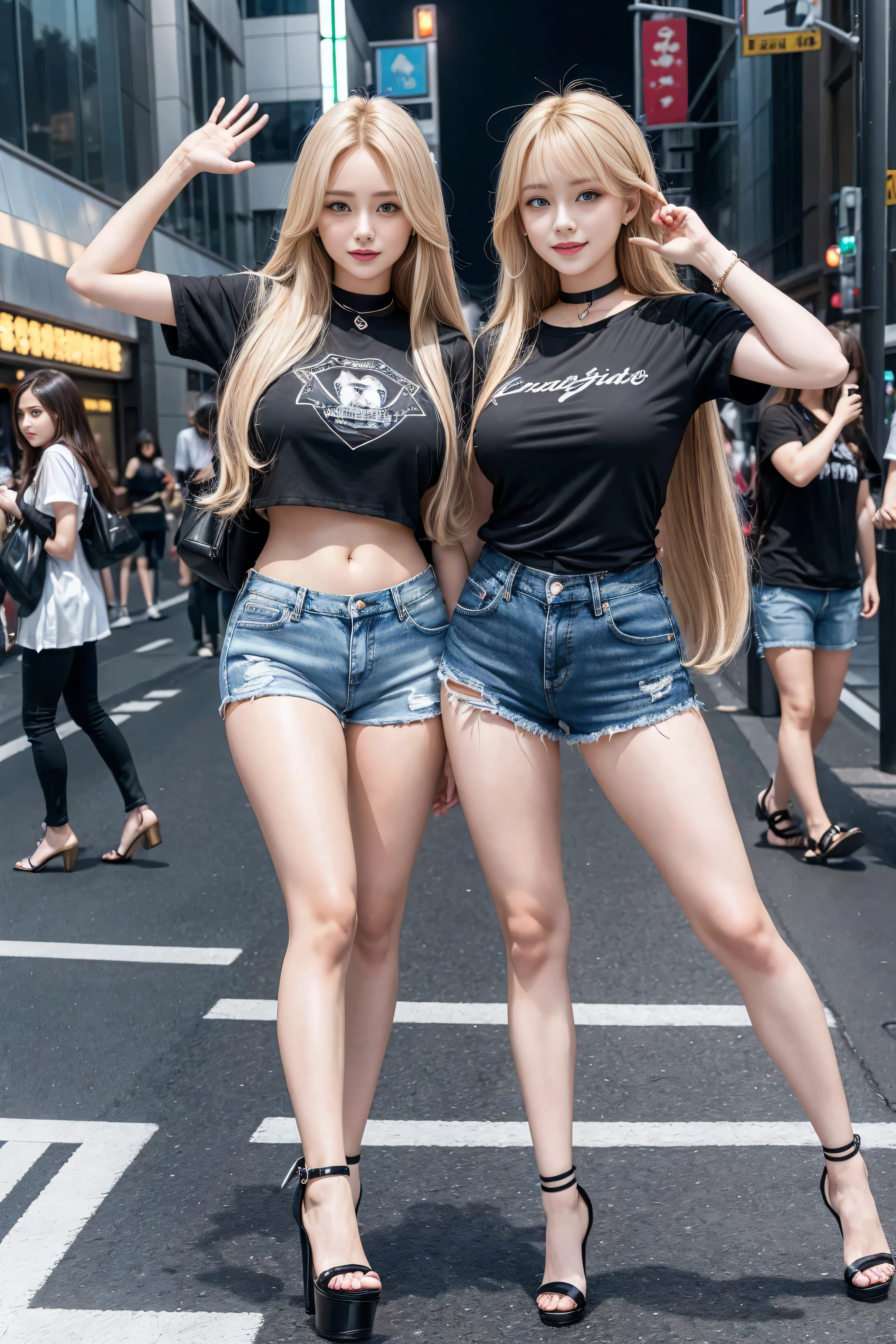 2 girls, (blue eyes), (They are smiling), (In the name of Mina), Wide hips, tetas Large targets, Large target, (Best quality, 8K, masterpiece: 1.3), Perfect hands, Clear focus: 1.2, Perfect body beauty: 1.4, Slim abs: 1.2, Highly detailed face and skin textures, delicate eyes, Double eyelids, (Long blond hair), (Black collar T-shirt), (Denim shorts :1.1), (High heel :1.3), permanent, Dynamic poses, Background Tokyo Shibuya Crossing.