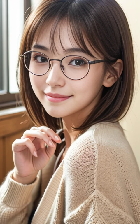 Cute 22 year old Japanese、School、University、During class、study、Super detailed face、Pay attention to the details、double eyelid、Beautiful thin nose、Sharp focus:1.2、Beautiful woman:1.4、(Light brown hair,short hair、)、highest quality、masterpiece、Ultra-high resolution、(Photorealistic:1.4)、Highly detailed and professional lighting、nice smile、No exposure、Fluffy knit cardigan、Round Glasses、freckles、No makeup