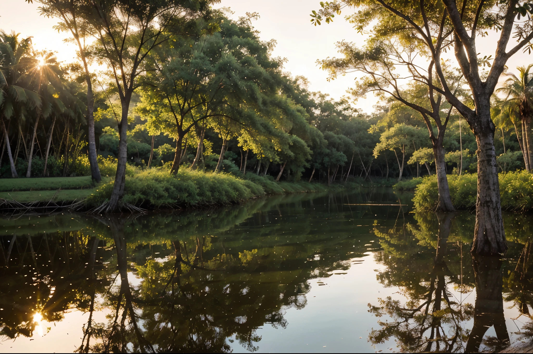 Natural lake light reflection,A breezy brown grove,In the afterglow of the setting sun,The tropical scenery sets off the sun-shining water,It brings the natural atmosphere of the outdoor environment。