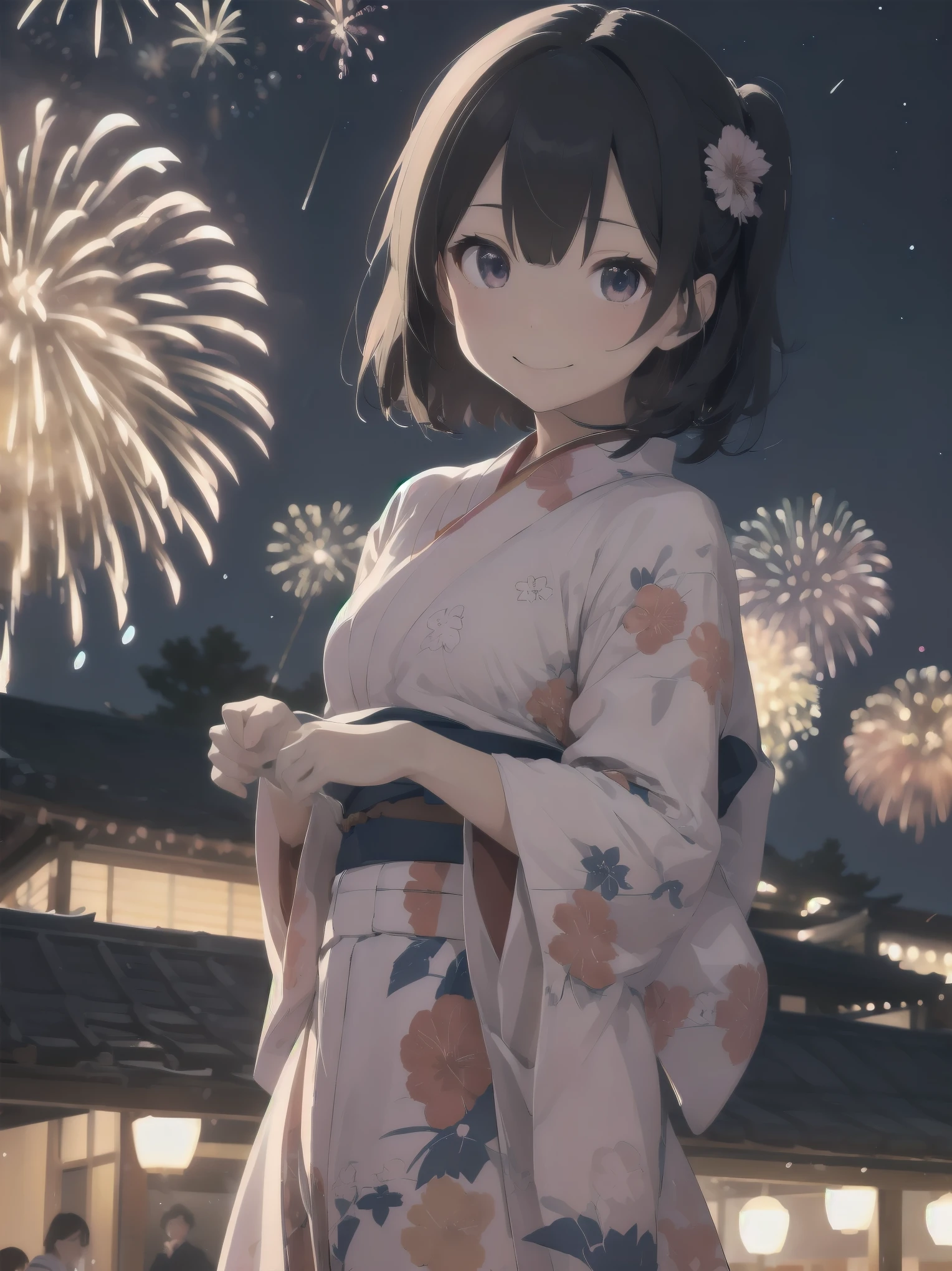 （Fireworks at night and a girl、yukata、fan、Looking up at the fireworks）
Large fireworks in the night sky々In full bloom、yukataを纏った少女がfanを振りながら見上げる姿が美しい。The sound of fireworks echoes、Her smile shines in the light。yukataの柄が夜空の中で浮かび上がり、Countless fireworks are reflected in her eyes。The hustle and bustle of the surrounding festivals adds to her joy.、The magic of the summer night surrounds her。