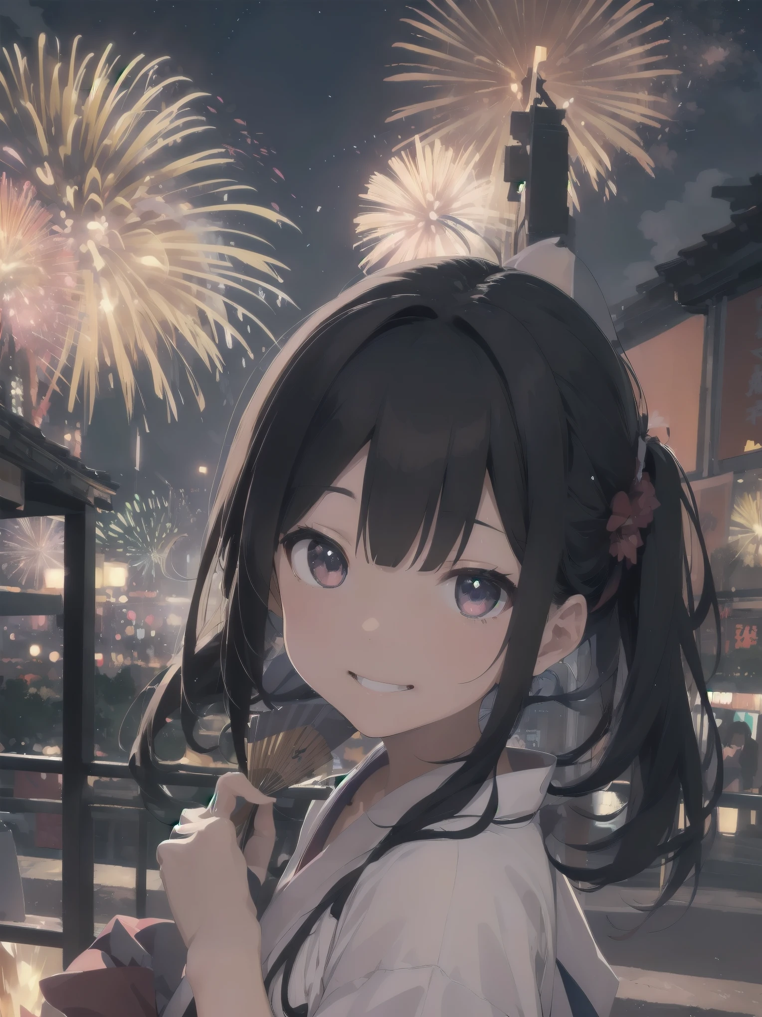 (Fireworks at night and a girl、yukata、fan、Looking up at the fireworks)
Large fireworks in the night sky々In full bloom、yukataを纏った少女がfanを振りながら見上げる姿が美しい。The sound of fireworks echoes、Her smile shines in the light。yukataの柄が夜空の中で浮かび上がり、Countless fireworks are reflected in her eyes。The hustle and bustle of the surrounding festivals adds to her joy.、The magic of the summer night surrounds her。