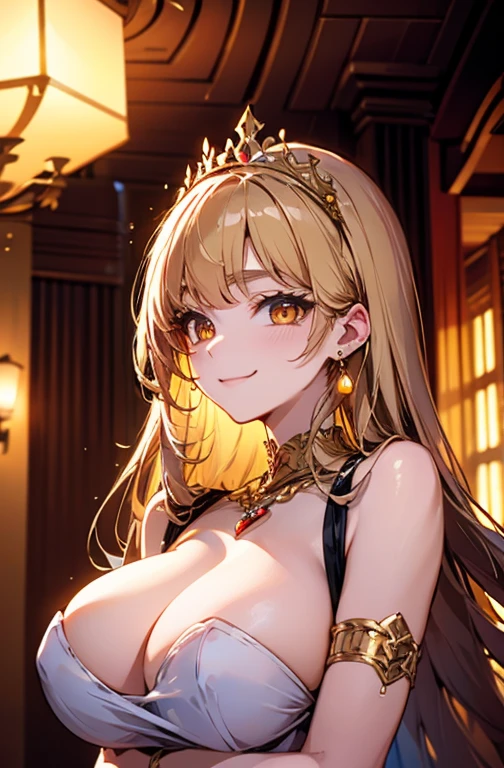 Princess , in castle, high quality, super quality, (detailed face:1.4) ,beautiful woman , golden eyes, long blonde hair , tight gorgeous dress, tiara, necklace , earring , sharpe eyebrow , beautiful bangs are covering her eyes , huge breast  ,upper body  , smile 