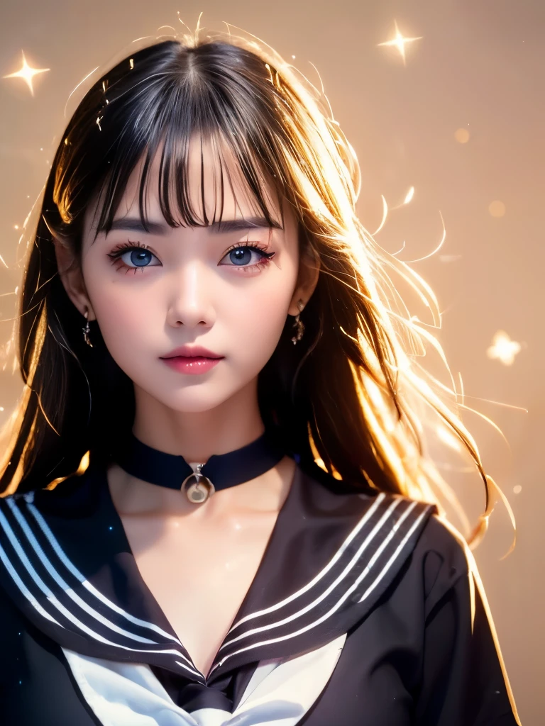 (Masterpiece,highest quality,Highest Resolution:1.2,Realistic,8K Raw Photo:1.5,Hyperrealistic:1.5)、One girl,alone、Brown Hair,heart,hair ornaments,(school uniform),Side Ponytail,smile,View Viewer,neckerchief,Upper Body,heart hair ornaments、(cardigan),((Sailor collar,serafuku,black Sailor collar))、bangs,Yellow Eyes,Mouth closed,Long Hair,Brown eyes,purple neckerchief,clavicle、Striped, Polka dots, star (symbol)、Eye highlights,Sparkling Eyes、Cinema Lighting、