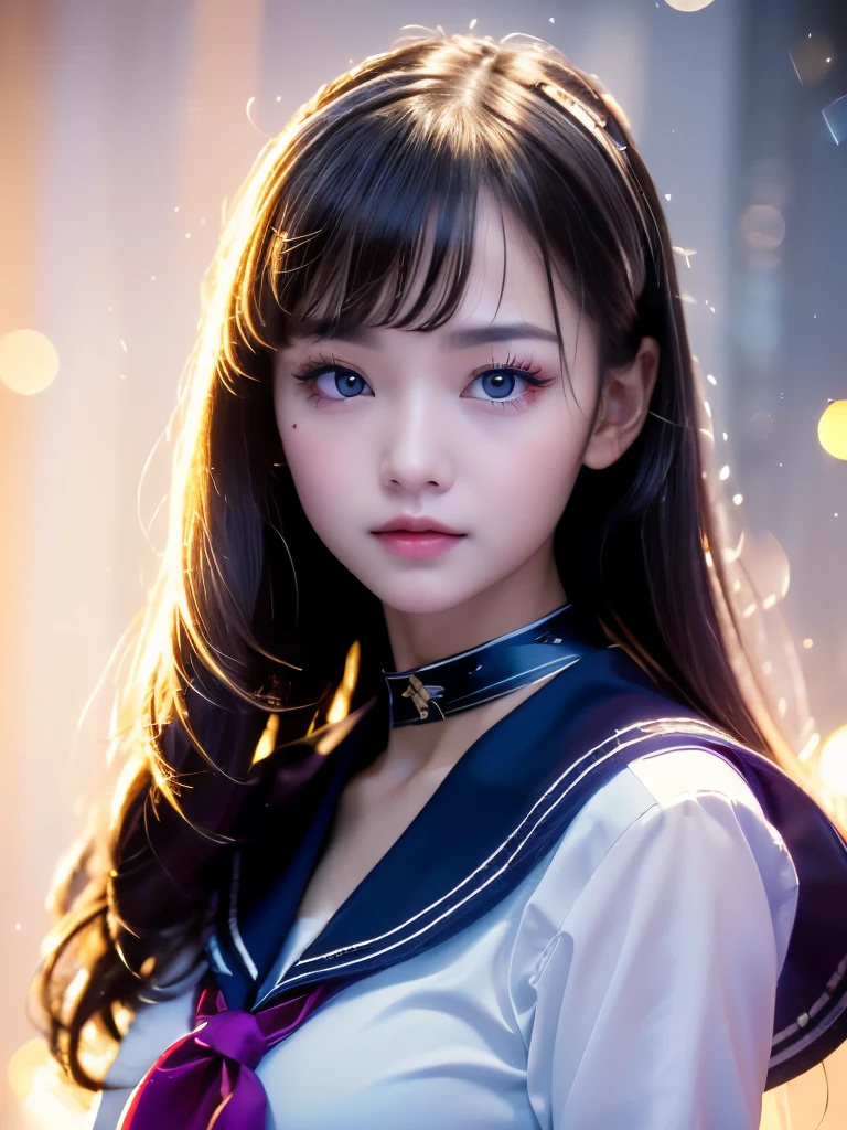(Masterpiece,highest quality,Highest Resolution:1.2,Realistic,8K Raw Photo:1.5,Hyperrealistic:1.5)、One girl,alone、Brown Hair,heart,hair ornaments,(school uniform),Side Ponytail,smile,View Viewer,neckerchief,Upper Body,heart hair ornaments、(cardigan),((Sailor collar,serafuku,黒のSailor collar))、bangs,Yellow Eyes,Mouth closed,Long Hair,Brown eyes,purple neckerchief,clavicle、Striped, Polka dots, star (symbol)、Eye highlights,Sparkling Eyes、Cinema Lighting、