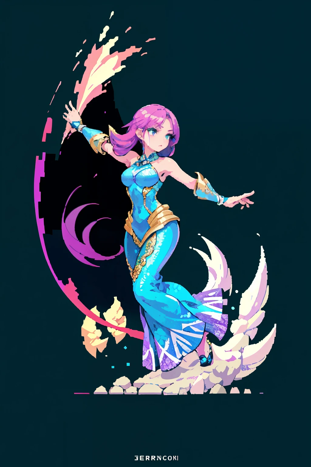 RPG Maker style active character, a striking mermaid figure in a full-bodied pose, bathed in lilac tones. From a front view, she assumes an attack stance, her right hand poised for action, while her left arm is extended, adding a sense of dynamism to the scene. Her fierce look, sharpened by a piercing gaze, exudes power and determination, capturing the essence of a formidable warrior mermaid. The image is a masterpiece, of top quality, with each pixel meticulously crafted, and a colorful background playing host to radial lines that enhance the overall composition.
