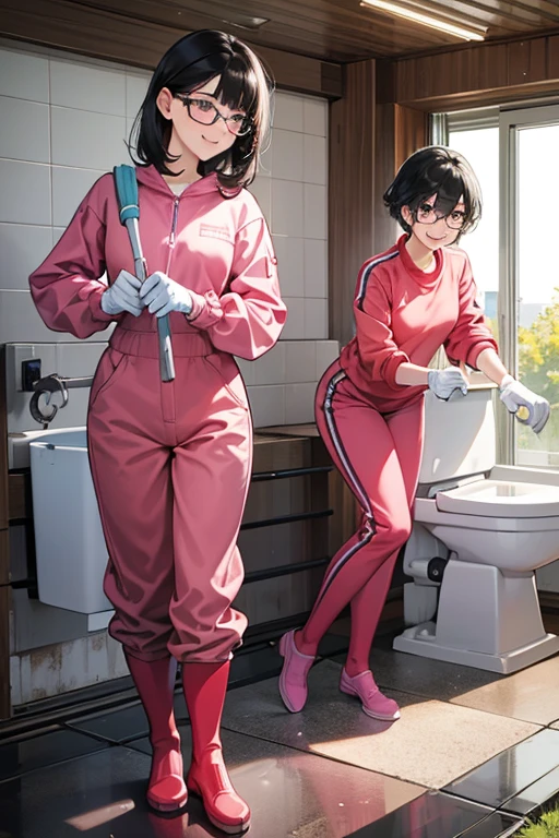 Two high school girls with short black hair and glasses, wearing red long sleeves, long pants and gym clothes, wearing white rubber boots and large pink rubber gloves, smiling as they clean a dirty public toilet in a park