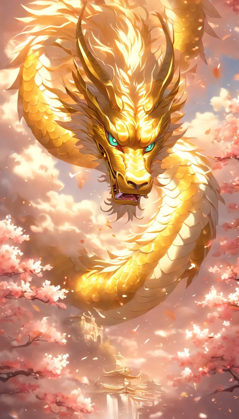 Logo、masterpiece、(White background:1)、Golden Japanese dragon surrounded by white clouds、Pink cherry blossom tree、petal、Wind、God々、Long, undulating body、fantasy、God話、high quality、Very detailed、masterpiece、Particle Effects、dynamic effect、The sun in the background、Fly in the white clouds