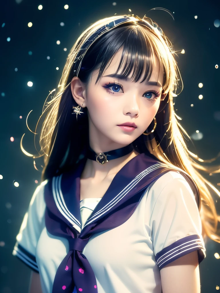 (Masterpiece,highest quality,Highest Resolution:1.2,Realistic,8K Raw Photo:1.5,Hyperrealistic:1.5)、One girl,alone、Brown Hair,heart,hair ornaments,(school uniform),Side Ponytail,smile,View Viewer,neckerchief,Upper Body,heart hair ornaments、(cardigan),((Sailor collar,serafuku,黒のSailor collar))、bangs,Yellow Eyes,Mouth closed,Long Hair,Brown eyes,purple neckerchief,clavicle、Striped, Polka dots, star (symbol)、Eye highlights,Sparkling Eyes、Cinema Lighting、