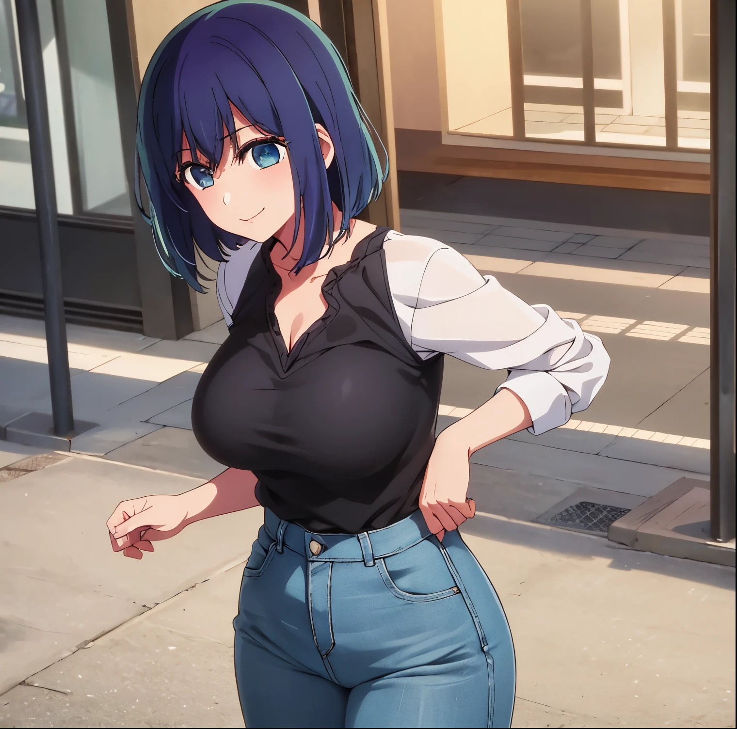 1girl, alone, akane kurokawa, masterpiece, best quality, cowboy photo, looking at viewer, head on, pov (from below), smile, faded hair, short hair, blue eyes, blue blouse, tight blouse, bare waist, cleavage, black jeans, skinny jeans, standing, outside, city, street, big breasts, medium waist, wide hips, medium thighs, round butt, perfect anatomy, perfect hands,