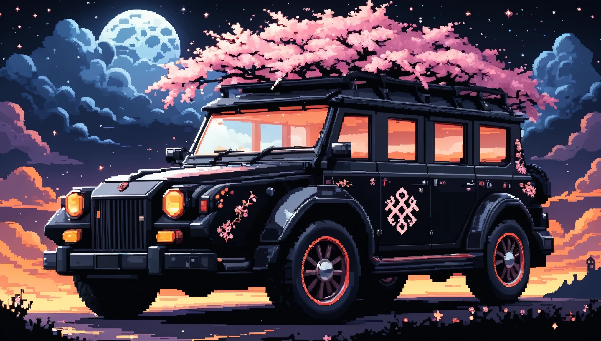 Bright epic professional (cute cartoon pixel illustration:1.2), (masterpiece in maximum 16K resolution, superb quality, ultra detailed:1.3), side view of a grand (bizarre:1.2) car with (tall wheels) and (sharp features, decorated with runes and folding roof), printed Sakura blossoms, amidst the silhouetted Gothic world of at night, clouds and sparkles.