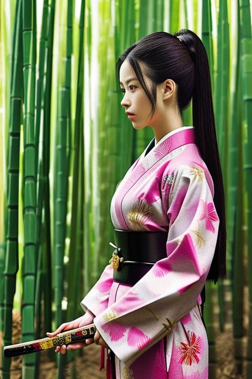 Beautiful female samurai in kimono, Capture strength and grace, Backgrounds that make your character stand out, Japanese sword, Courage and beauty、bamboo forest、Hold the sword、Hairstyle: Long hair