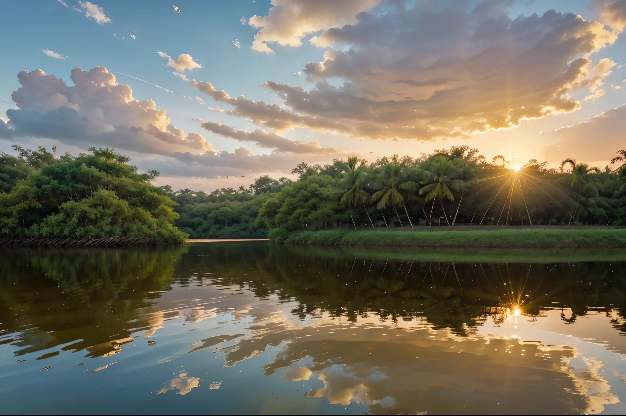 Natural lake light reflection,A breezy brown grove,Butterflies flying in the clouds,In the afterglow of the setting sun,The tropical scenery sets off the sun-shining water,It brings the natural atmosphere of the outdoor environment。