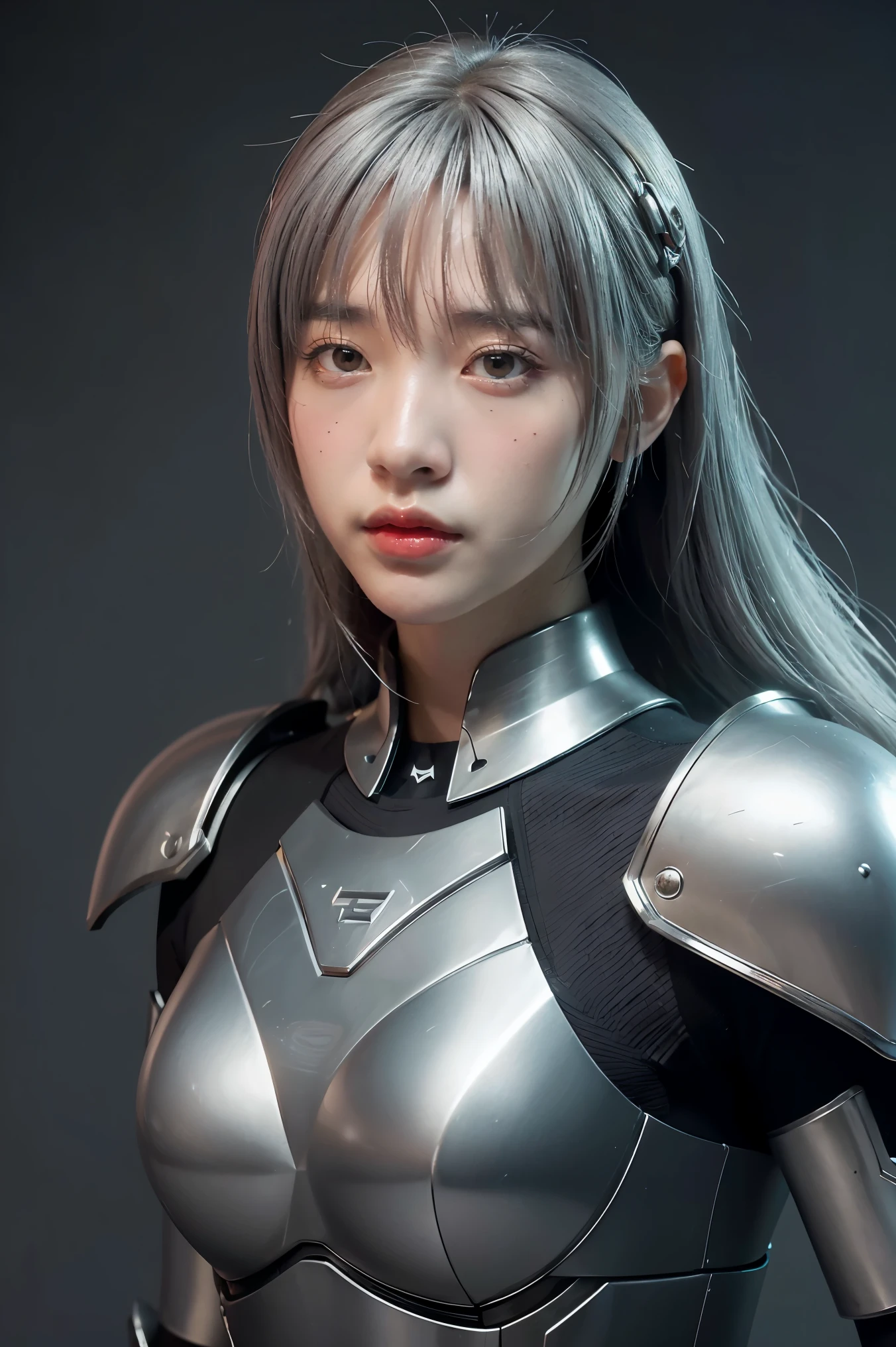 Masterpiece,game art,Best picture quality,highest resolution,8ก,(Portrait),Unreal Engine 5 rendering works,(digital photography),((Portrait Feature:1.5)),
20 year old girl,short hair details,It has a long bang.,(Red eye makeup is very meticulous.),(have long gray hair:1.4),(big, full chest),elegant and noble,Brave and charming,
(Futuristic armor combines the characteristics of ancient Chinese armor.,Hollow design,Power Armor,Mysterious Eastern Runes,Delicate dress style,flash of magic),Future Warrior,cyberpunk figures,War background,
movie lights，Ray tracing，CG game，((Real 3D engine))，OC rendering format