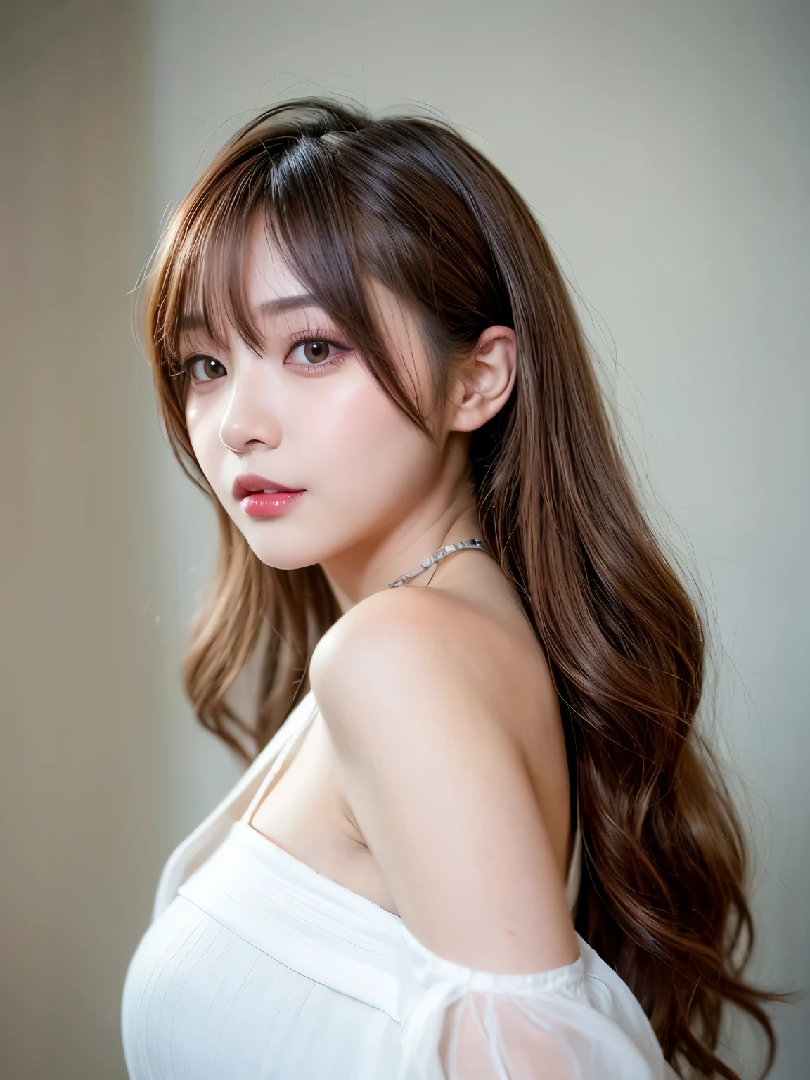 Canon RF85mmf/1.2,masterpiece,highest quality,Ultra-high resolution,VC,1 girl,(Korean mixed race,K-Pop Idols:1.2),alone,white_Shiny_skin,Iris,necklace,((Brown_length_Wavy_hair)),((pink_Shiny_lips)),eyelash,前hair,make,compensate,Shiny,pore,skin texture,bracelet,Off the shoulder,See through,Big Breasts