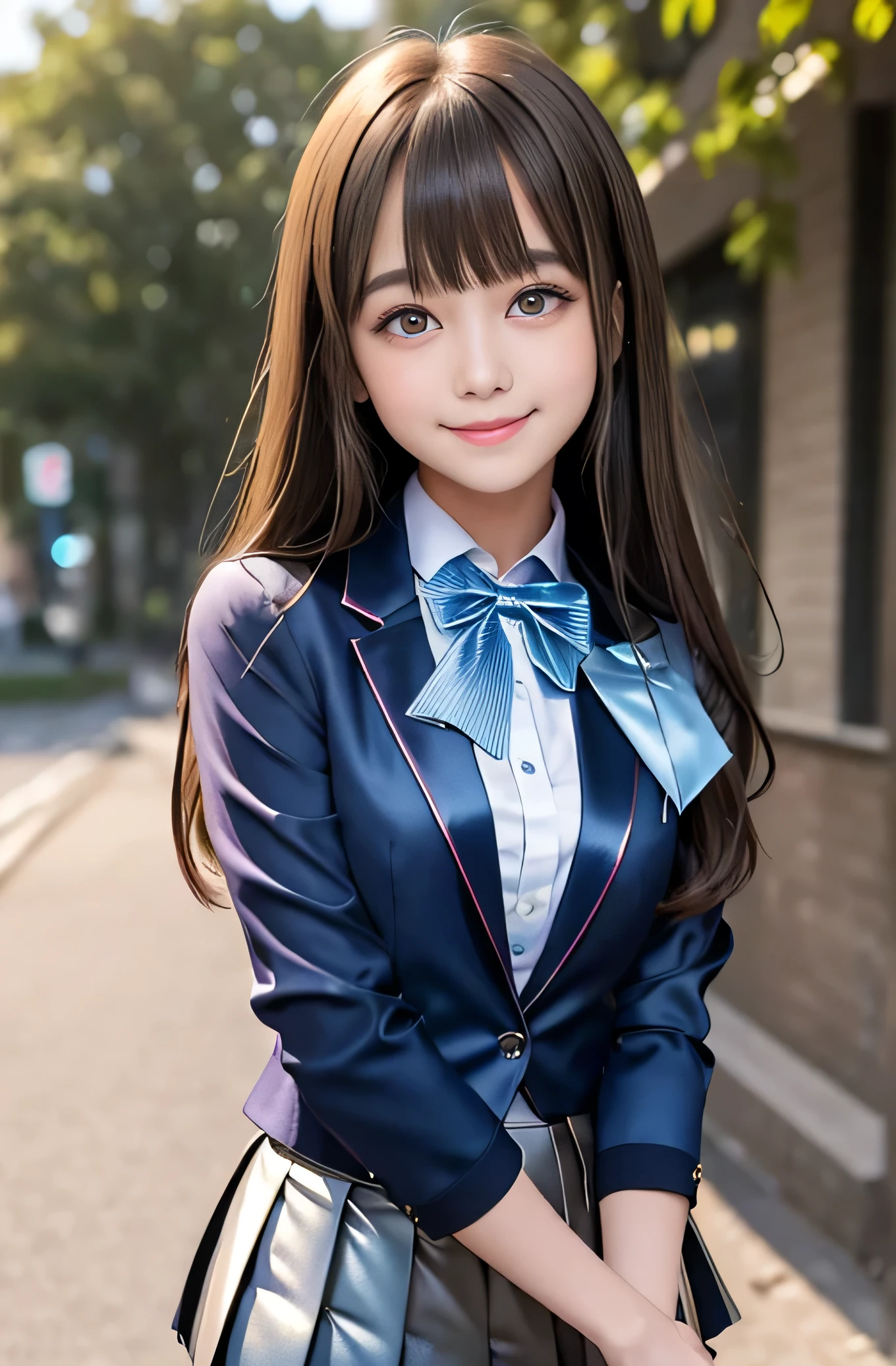 Angelic Very pretty cute young girl,
very beautiful girl,
(V-line jaw),
Beautiful detailed brown eyes, (clear-eyed:1.3),
small straight nose,small mouth,
Detailed double eyelids,
(Large eyes:1.3),
Long straight brown hair,
see-through bangs,
beautiful detailed face and eyes,
smiling, in the street,
BREAK
(super shiny metallic dark blue blazer:1.2),metallic pearl white school blouse,(shiny metallic bright pink neck bow tie:1.2),(super shiny metallic dark blue pleated skirt :1.5),(school uniform with super reflective surfaces:1.5),
(Very beautiful cute girl:1.2),
Very pretty cute young girl,
V-line jaw,
Beautiful detailed eyes,
very beautiful girl,
Detailed double eyelids,
(Large eyes:1.3),
Long straight brown hair,
see-through bangs,
beautiful detailed face and eyes,
smiling,
break
(Very beautiful cute girl, Beautiful detailed eyes, Detailed double eyelids:1.3),
(Soft Saturation: 1.3),
(Fair skin: 1.4),
(Large eyes:1.4),
break
Very beautiful cute girl,
Sharp Focus,
brown hair,
Very beautiful cute girl,
Raw photo,
High resolution,
perfect detail,
Professional Photography, Professional Lighting,
strong lighting,
break
(smile:1.6)