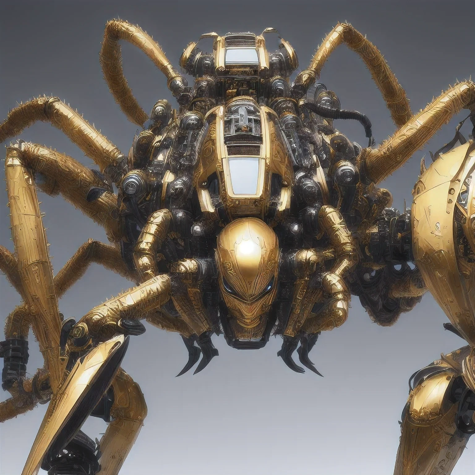 a close up of a golden spider with a black body and legs, steampunk spider, mechanical spider legs, arachnid, lolth, arachne, spider, steampunk robot scorpion, highly detailed barlowe 8 k, spider legs large, sculpture made of gold, by Hiroyuki Tajima, full samurai armor spiderman, giger spider joker, insectoid，（（（Degenerator ）））