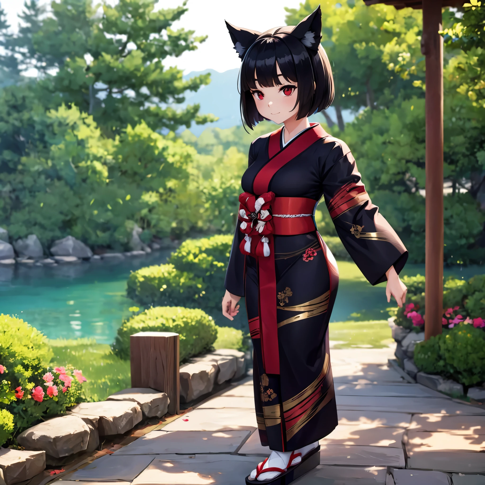 A woman wearing black long-sleeved yukata, black yukata with gold details, short black hair, cat ears, red eyebrows, red eyes, kawaii face, walking in a traditional Japanese garden with lake, full body,,bokeh effect, atmospheric perspective, 8k , super detail, accurate, best quality, award winning, textured skin, high resolution, anatomically correct(solo woman)