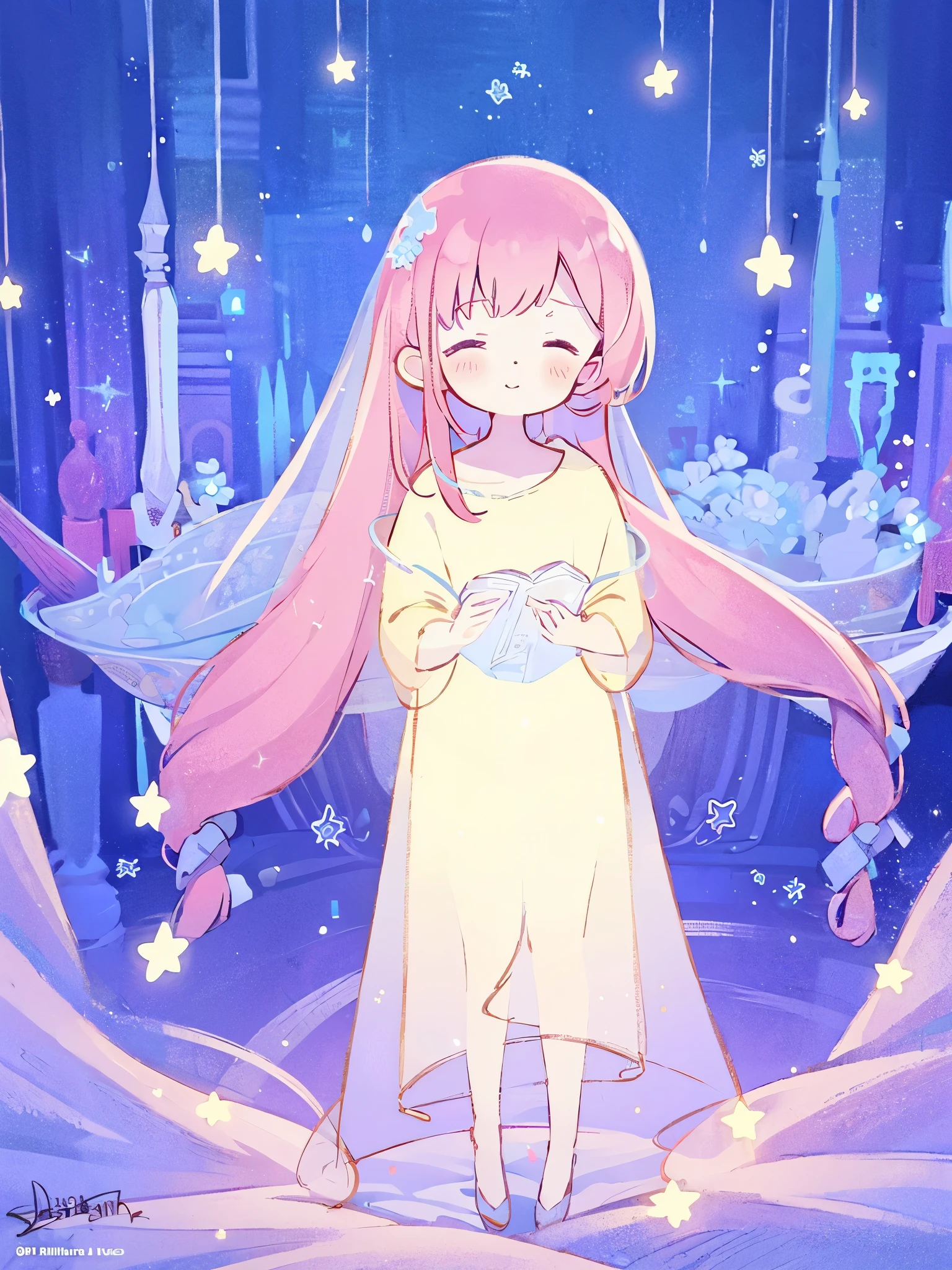complex background, wishing star background, a woman wearing an ethereal mystical pink translucent dress that reflects the stars, perfume promo art, mystic, complex drawing, highly detailed, Covergirl brand, promo art, artistic rendition, ethereal, starry night, midjourney style