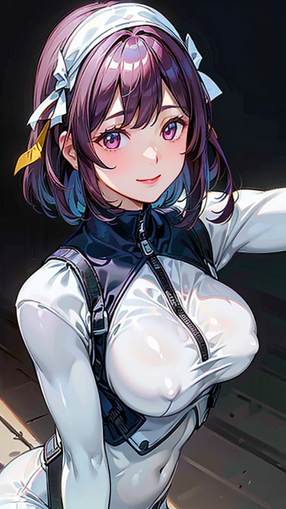 (Woman close up)、((Depiction of the upper body))、((30-year-old female))、Very large breasts、A cheerful smile、Very short hair、(Open your mouth a little、High resolution、16k))、(((shiny white bodysuit)))、Early morning park、