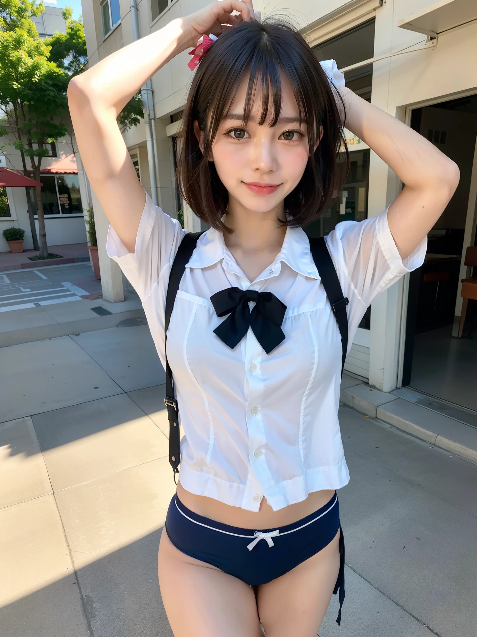 ((Best of the highest quality, 8k, Masterpiece: 1.3, raw photo)), Sharp focus: 1.2, (1 AESPA, slim body type female, 21 y/o: 1.1), (Solo: 1.28), (realistic, photo-realistic:1.37), face focus, cute face, finely eyes, side lighting, using reflectors, (small breasts, flat chest, Thigh: 1.3), (short messy hair, bangs: 1.28), (wearing shirt school uniform:1.32), (neat panties:1.32), (ribbon:1.2), walking cafe, bar, sun light, flower, arms up,