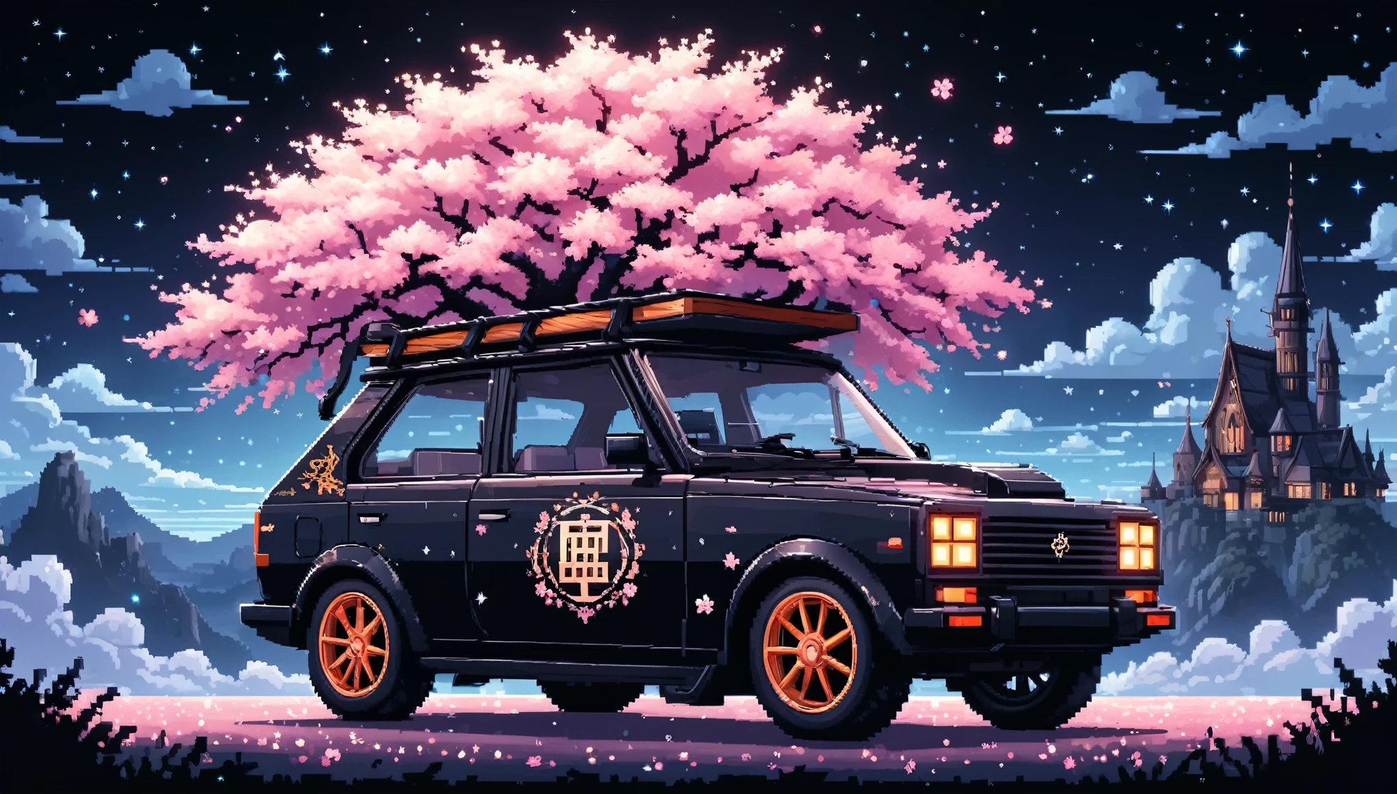 Bright epic professional (cute cartoon pixel illustration:1.2), (masterpiece in maximum 16K resolution, superb quality, ultra detailed:1.3), side view of a grand (bizarre:1.2) car with (tall wheels) and (sharp features, decorated with runes and folding roof), printed Sakura blossoms, amidst the silhouetted Gothic world of at night, clouds and sparkles.
