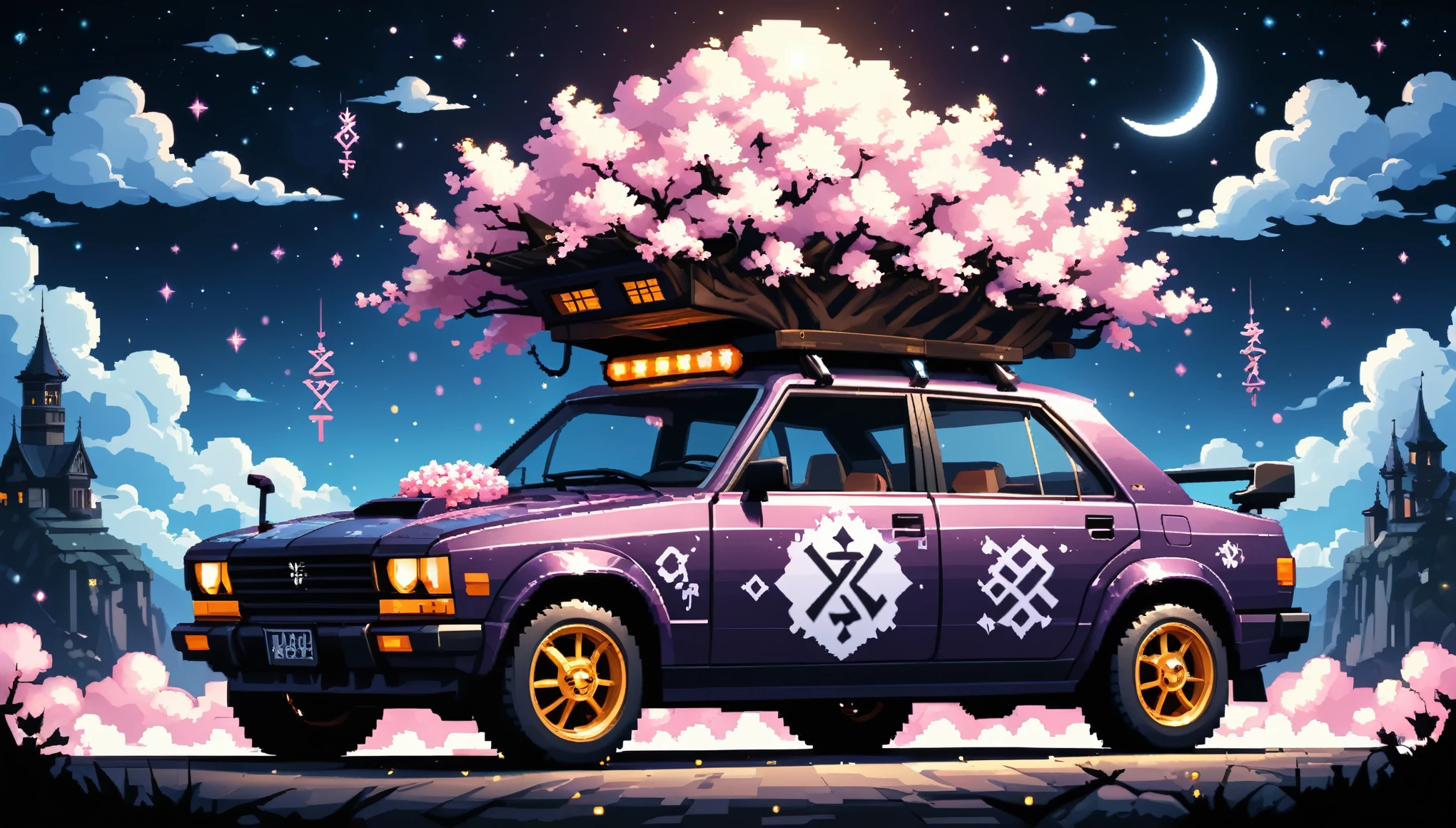 Bright epic professional (cute cartoon pixel illustration:1.2), (masterpiece in maximum 16K resolution, superb quality, ultra detailed:1.3), side view of a grand (bizarre:1.2) car with (tall wheels) and (sharp features, decorated with runes and folding roof), printed Sakura blossoms, amidst the silhouetted Gothic world of at night, clouds and sparkles.