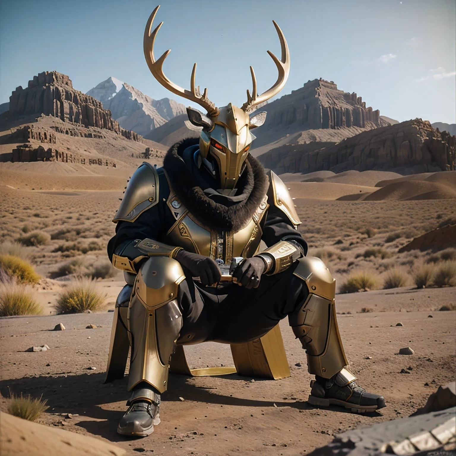 araffe sitting in a circle with a deer head in the middle, cyborg jackalope cyberpunk, horned god, ancient antler deity, cernunnos, celtic antlered god, horned, artgem and beeple masterpiece, gold and yellow notched antlers, anthropomorphic deer, an anthropomorphic deer, 3 d render beeple （（（perhaps））） there is a giant robot standing in the desert with a mountain in the background, in the art style of filip hodas, giant mech, rendered in redshift, beeple and tim hildebrandt, sci-fi highly detailed, 3 d render beeple, 3 d octane render conceptart, sci-fi mech, arstation and beeple highly