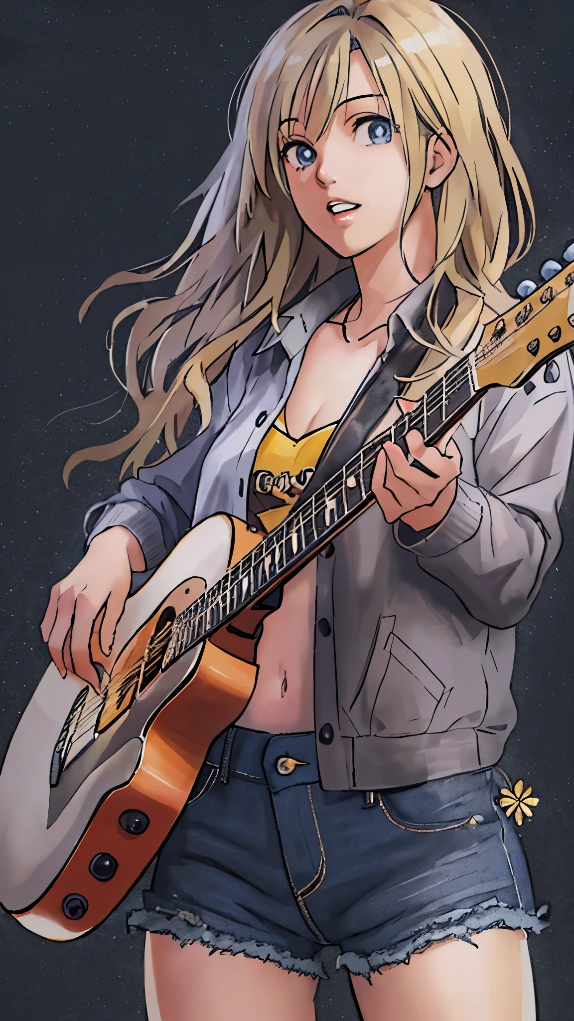 (highest quality,4K,8K,High resolution,table top:1.2), Super detailed, (realistic,photorealistic,photo-realistic:1.37), ((full body)),((one 23 years old woman)),((rage, Unfortunate)),((blonde hair)), ((long hair)),black camisole, damaged denim jeans,necklace,((playing-the-guitar)),((sing-a-song)),beautiful and detailed eyes, beautiful detailed lips, highly detailed eyes and face, long eyelashes, realistic anime 3D style, Smooth anime CG art, Digital rendering by Makoto Shinkai, Moe anime art style, photorealistic rendering of an anime girl, Shinkai Makoto style, Cute anime girl visuals, realistic young anime girl, girl fan art, Created by Anime Artist'studio of.