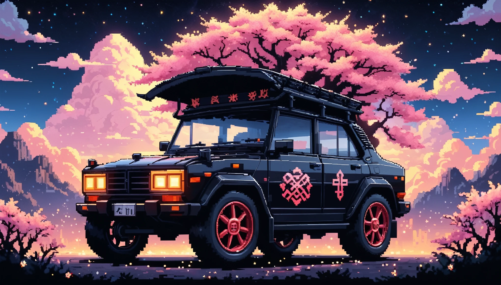 Bright epic professional (cute cartoon pixel illustration:1.2), (masterpiece in maximum 16K resolution, superb quality, ultra detailed:1.3), side view of a grand (bizarre:1.2) car with (tall wheels) and (sharp features, decorated with runes and folding roof), printed Sakura blossoms, amidst the silhouetted Gothic world of at night, clouds and sparkles.
