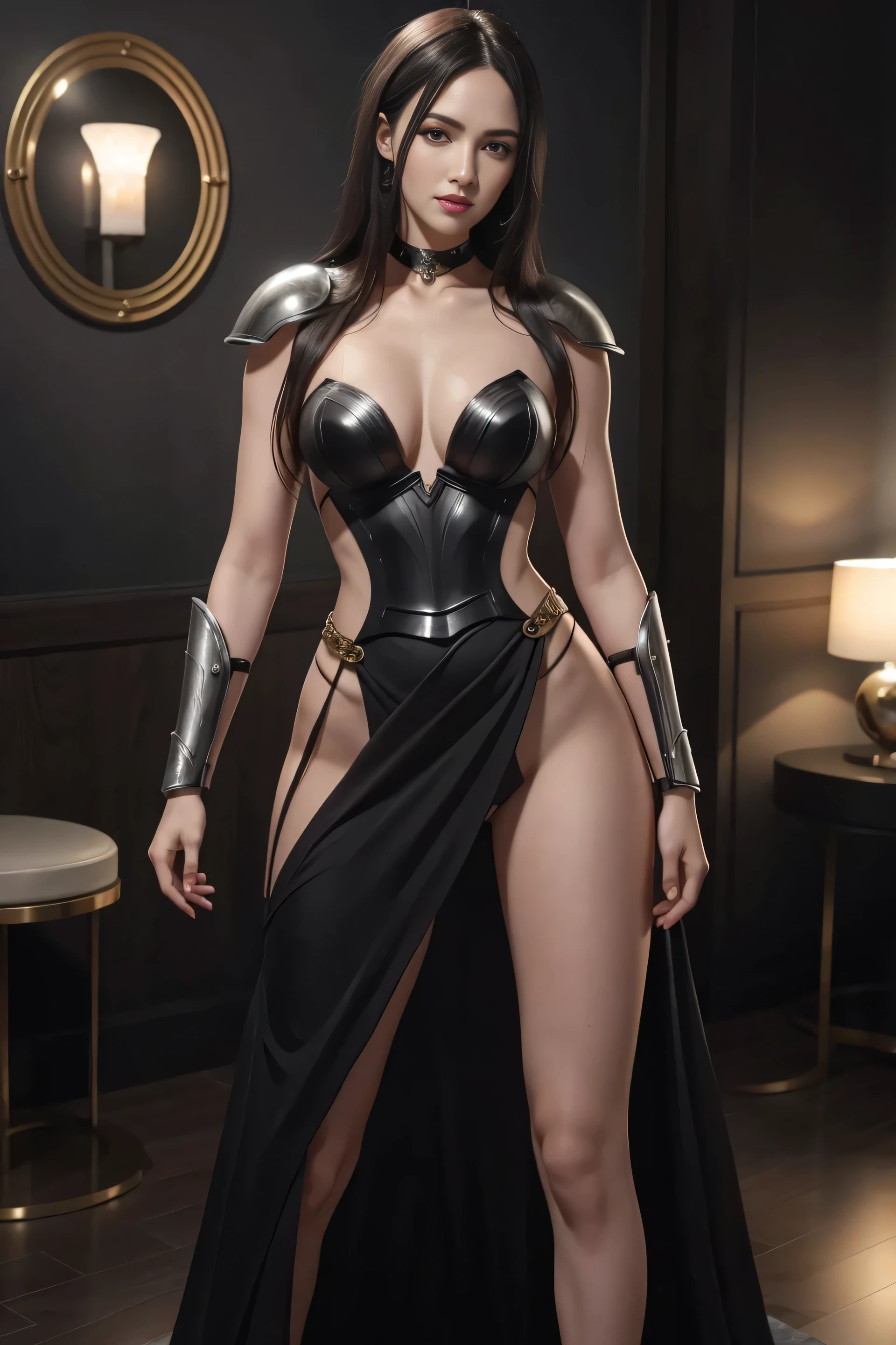 dark realistic, a sexy warrior girl holding a shield, she is wearing a seductive hip slit armour gown, seductive, long black straight hair, black eyes, red lips, white skin, long graceful neck, full bosom, tall graceful figure, long shapely legs, (best quality,4k,highres,masterpiece:1.2),ultra-detailed,(realistic,photorealistic:1.37)