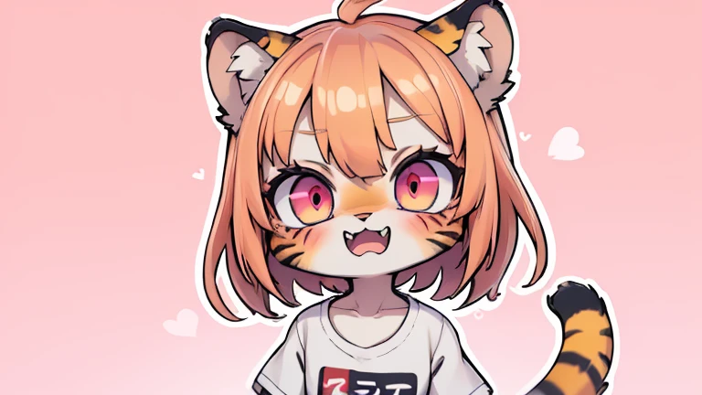 (obra maestra, Alta calidad, mejor calidad, 8K, high resolution), ((estilo chibii, Chibi lindo)), (solo, 1 girl), {Tiger Girl, cara de tigre, 2 colmillos, long eyelashes, delineador de ojos} {bigotes de tigre}, (((Piel de tigre por todo el cuerpo., Rayas de tigre en el cuerpo.))), (pelo naranja), cabello corto, Pinza para el cabello, [[Pinza para el cabello white flower on hair]], ((Muy feliz)), ((boca abierta)), ojos naranjas, [pupilas negras], ((buscando)), (very small breasts), brazos delgados, (un brazo arriba, un brazo hacia abajo), axilas, ((mini camiseta rosa, camiseta rosa completa)), {shorts blancos}, {{{mini cola de tigre, Cola en la espalda}}}, (cuerpo completo), (((de pie, jump angle))), dynamic pose, Fondo blanco, fondo sencillo, ((((Estilo Tora-chan no Hanayome)))), (old anime style 40s), estilo animado, anime color.
