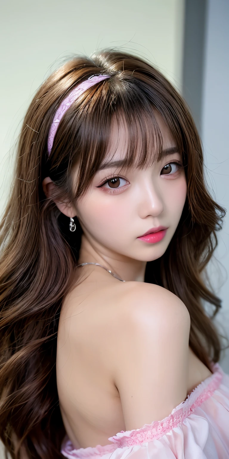 Canon RF85mmf/1.2,masterpiece,highest quality,Ultra-high resolution,VC,1 girl,(Korean mixed race,K-Pop Idols:1.2),alone,white_Shiny_skin,Iris,necklace,((Brown_length_Wavy_hair)),((pink_Shiny_lips)),eyelash,前hair,make,compensate,Shiny,pore,skin texture,bracelet,Off the shoulder,See through,Big Breasts