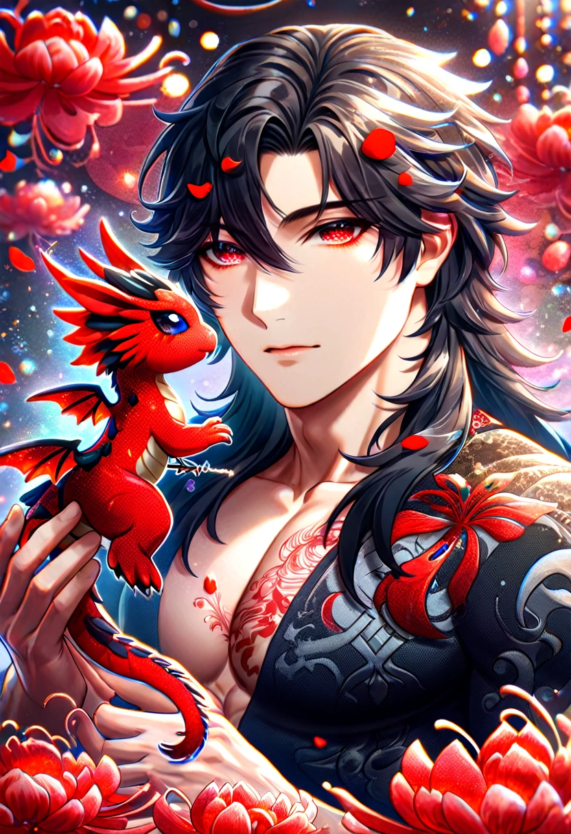 (absurdres, highres, ultra detailed, HDR) master piece, best quality, Ren, black long hair, without bangs, expressive red eyes, honkai star rail, solo, sexy man, holding a small dragon, handsome, toned chest, black clothes, patterns, magical fantasy, red butterflies, glittering, sparkling, red spider lilies, petals, radiant