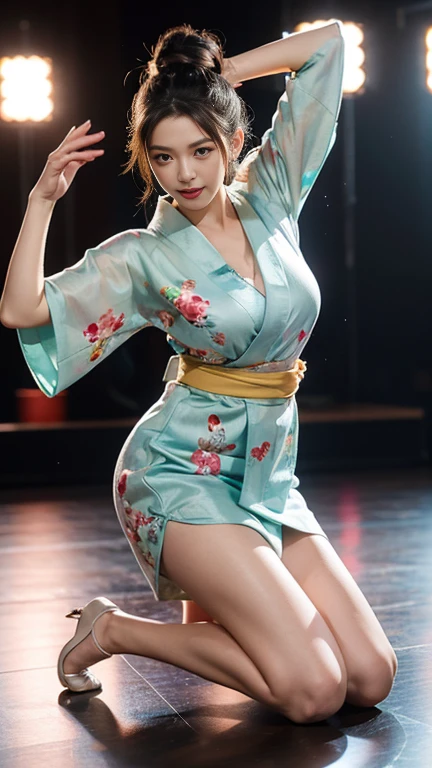 Idol,With a round face,A smile that makes people happy,Classroom walls and windows in the background,(((Intense dance motion:1.3))),(Dancing rhythmically with one hand on one thigh:1.3),(((Dance that emphasizes breasts:1.3))),(Stand up and get on one knee:1.3),Add a motion blur effect to simulate motion,(Dynamic and sexy dance poses),(Lean forward:1.3),((( kimono:1.3))),Big and ample breasts,Clothing gets messy due to movement,(The skirt rises with the dance movements:1.3)(Flower Hair Ornaments,Floral braided top knot,Twisted Side Part Ponytail,Floral knit headband,Half Up、Floral braided space buns,Voluminous fishtail braid,Twisted pan,),(Transparent bang),(Dynamic Angle),(Dynamic and sexy pose),Very delicate and beautiful hair,Floating hair on big chest,Looking at the audience,(Professional Lighting),highest quality,Ultra-high resolution output images,(8K quality,),(SeaArt 2 Mode.1),(Picture Mode Ultra HD,),Beautiful Hands,Beautiful fingers,Detailed functions of the fingers,Detailed features of the clothing,Detailed characteristics of hair,Detailed facial features,