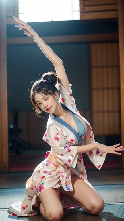 Idol,With a round face,A smile that makes people happy,Classroom walls and windows in the background,(((Intense dance motion:1.3))),(Dancing rhythmically with one hand on one thigh:1.3),(((Dance that emphasizes breasts:1.3))),(Stand up and get on one knee:1.3),Add a motion blur effect to simulate motion,(Dynamic and sexy dance poses),(Lean forward:1.3),((( kimono:1.3))),Big and ample breasts,Clothing gets messy due to movement,(The skirt rises with the dance movements:1.3)(Flower Hair Ornaments,Floral braided top knot,Twisted Side Part Ponytail,Floral knit headband,Half Up、Floral braided space buns,Voluminous fishtail braid,Twisted pan,),(Transparent bang),(Dynamic Angle),(Dynamic and sexy pose),Very delicate and beautiful hair,Floating hair on big chest,Looking at the audience,(Professional Lighting),highest quality,Ultra-high resolution output images,(8K quality,),(SeaArt 2 Mode.1),(Picture Mode Ultra HD,),Beautiful Hands,Beautiful fingers,Detailed functions of the fingers,Detailed features of the clothing,Detailed characteristics of hair,Detailed facial features,